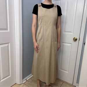 Vintage Dress Midi Modest Pinafore Khaki Work Minimalist Cotton Size Small